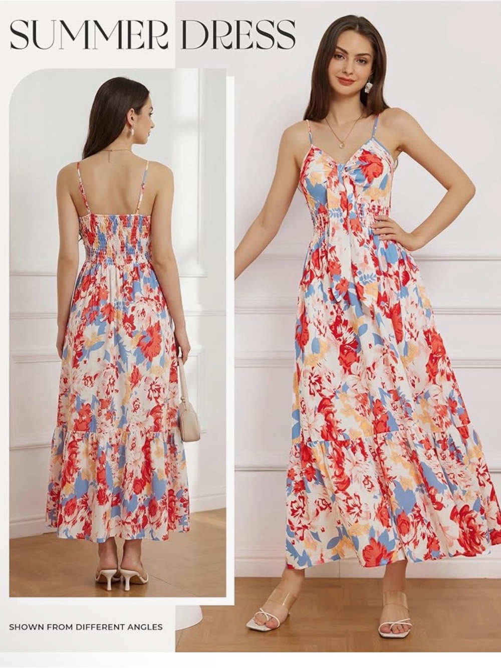 Grace Karin Floral Spaghetti-Strap Maxi Dress - White/Red/Blue